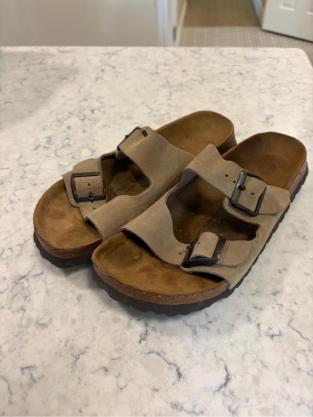 Birkenstock Taupe Suede Two-Strap Sandals